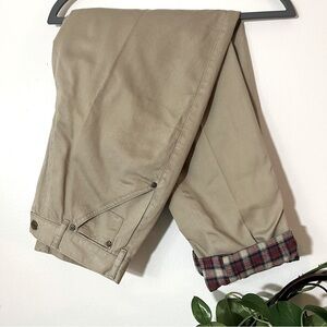 Woolrich Tan Trousers Sz 8 with Plaid Cuffs and plaid lining.